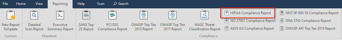 Reporting tab with HIPAA Compliance Report option