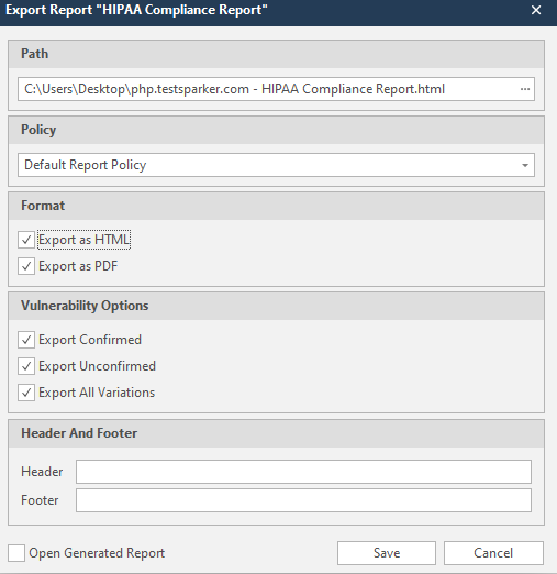 Save Report As dialog in Invicti Standard.