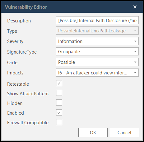 Additional vulnerability editor options including Impacts, Retestable, Show Attack Pattern, Hidden, Enabled, and Firewall Compatible settings