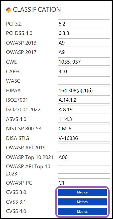 Classification panel showing CVSS configuration with Base metric dropdown values for security standards assignment
