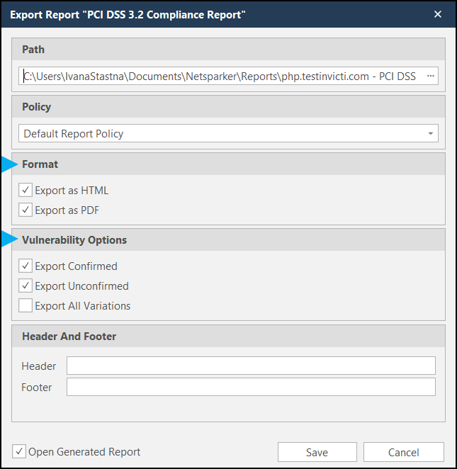 PCI DSS report export configuration showing format options, vulnerability settings, and header/footer fields