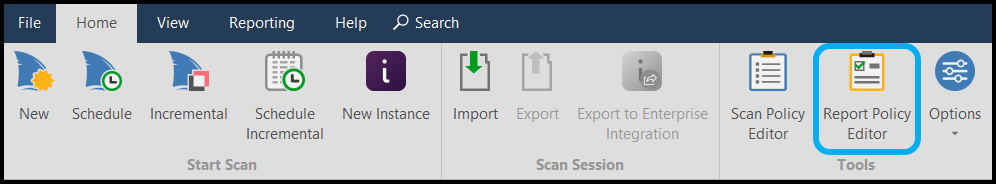Invicti Standard Home tab showing Report Policy Editor button for accessing vulnerability configuration