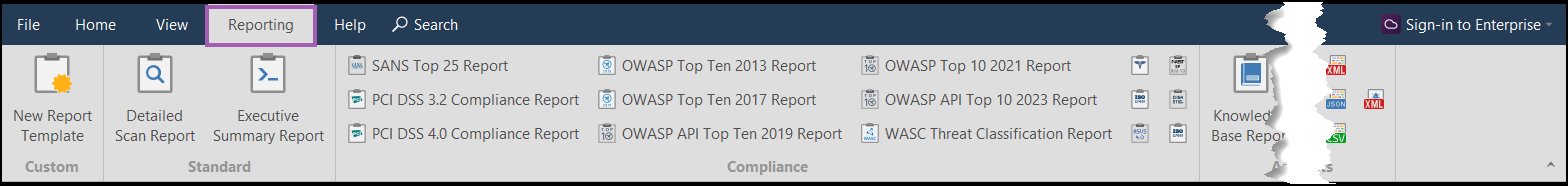 Invicti Standard interface showing the Reporting tab in the ribbon menu
