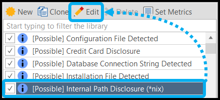 Report Policy Editor showing vulnerability search and selection with Edit button