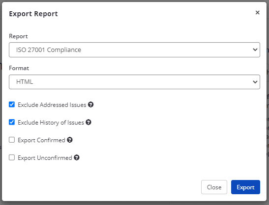 ISO 27001 Compliance option in drop-down.