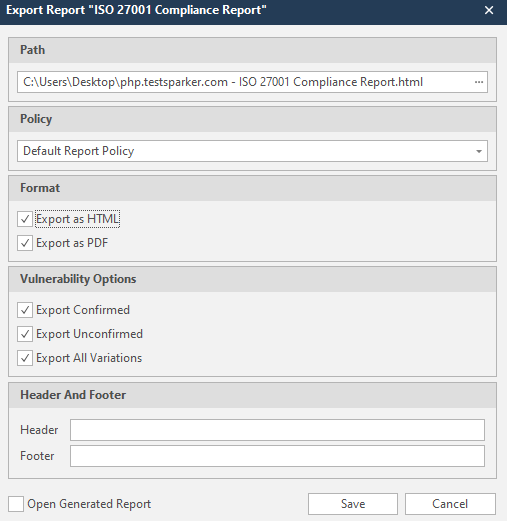 Invicti Standard Export Report dialog.