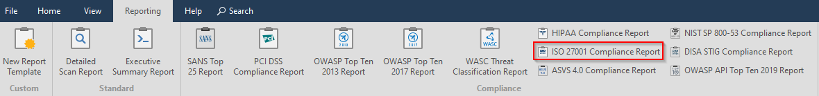 Reporting tab with ISO 27001 Compliance Report option.