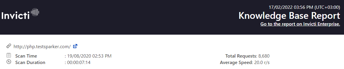 Sample Knowledge Base Report showing vulnerabilities grouped by severity and additional scan information