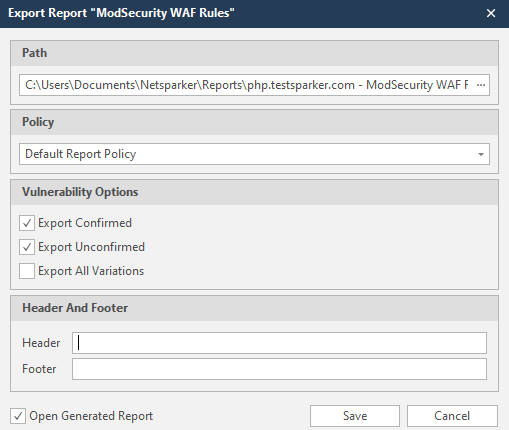 Export report dialog in Invicti Standard