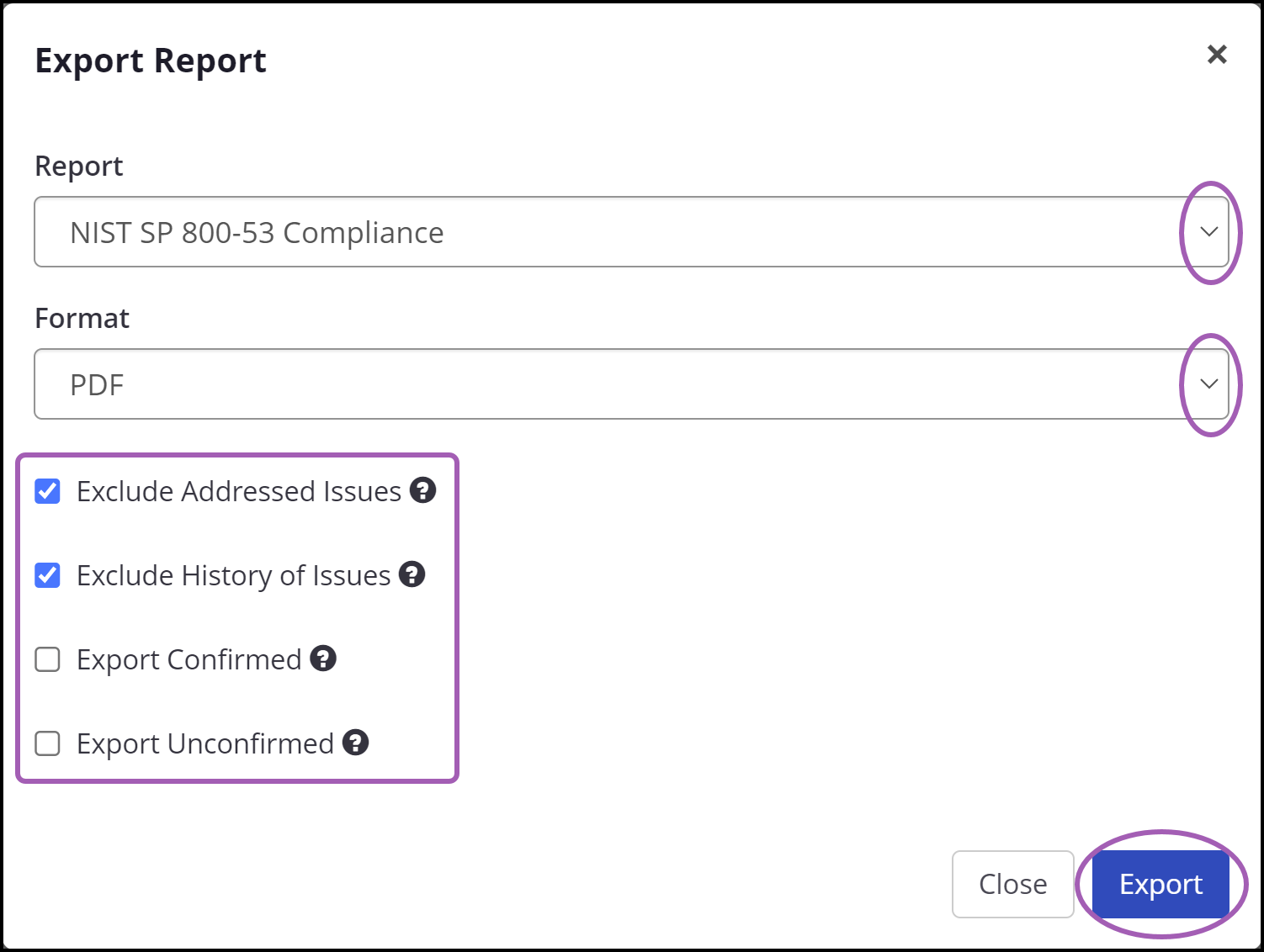 Export options for NIST SP 800-53 report.