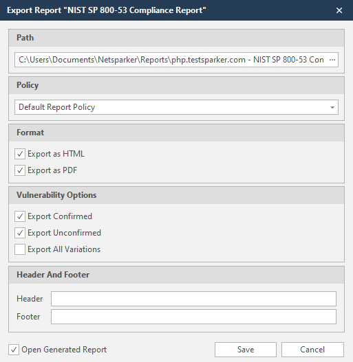 Export Report dialog in Invicti Standard.