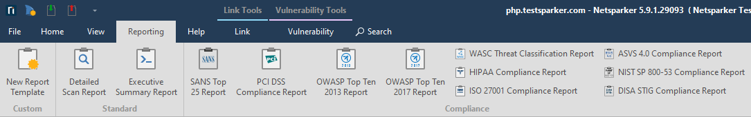 Reporting tab with NIST SP 800-53 Compliance Report option.