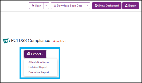 Export options showing Attestation, Detailed, and Executive report types