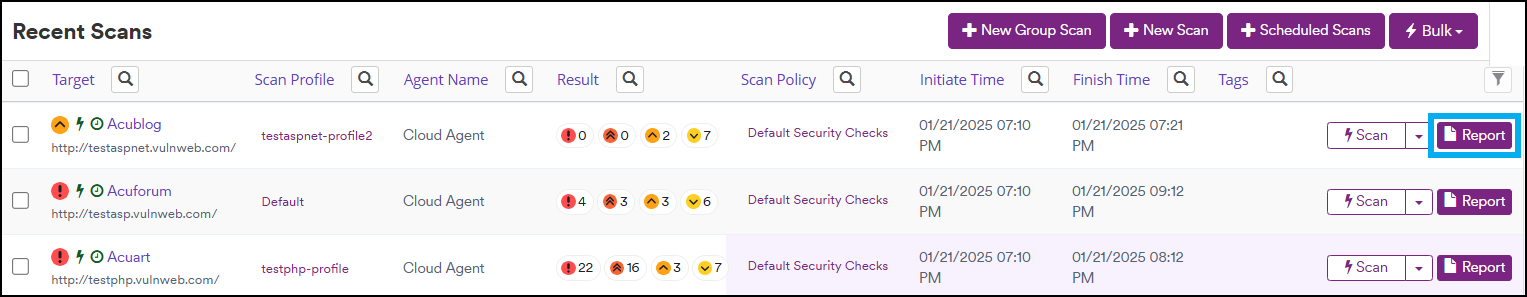 Recent Scans page showing Report button for accessing official PCI DSS compliance reports
