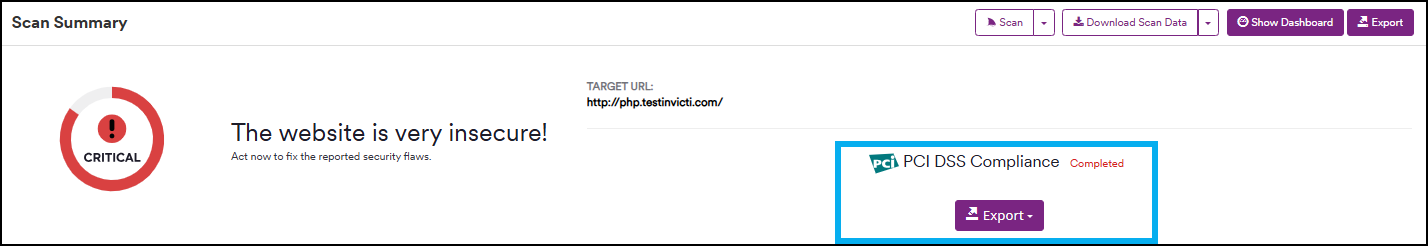Scan Summary showing completed PCI DSS report with export options