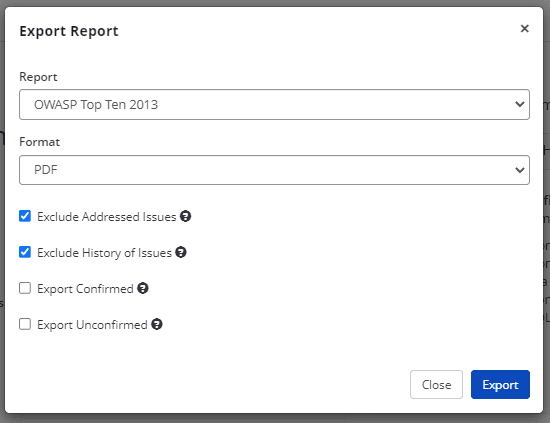 OWASP Top Ten 2013 report dropdown