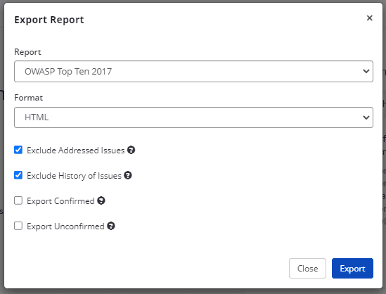 OWASP Top Ten 2017 report dropdown