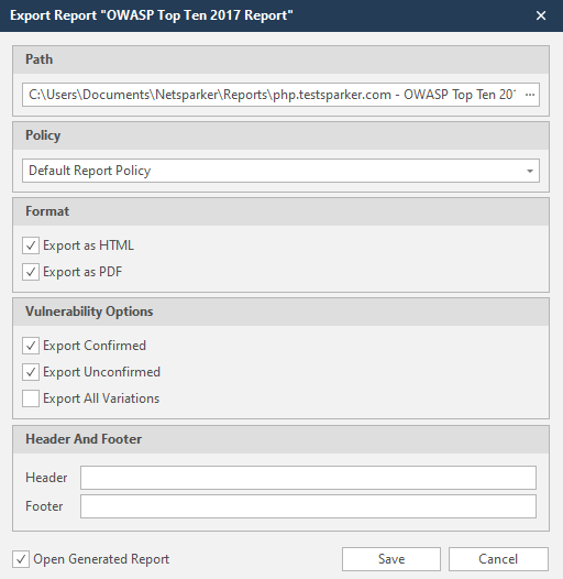 Export report dialog in Invicti Standard