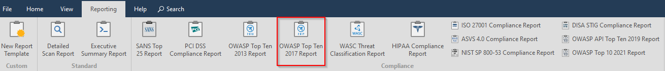 Reporting tab in Invicti Standard