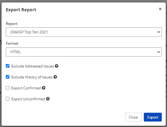 OWASP Top Ten 2021 report dropdown