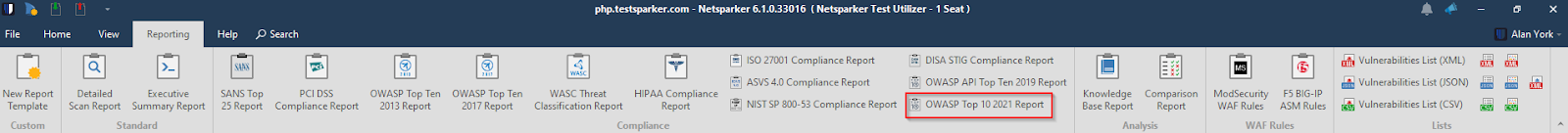 Reporting tab in Invicti Standard