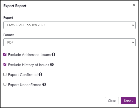 OWASP API Top Ten 2023 report dropdown