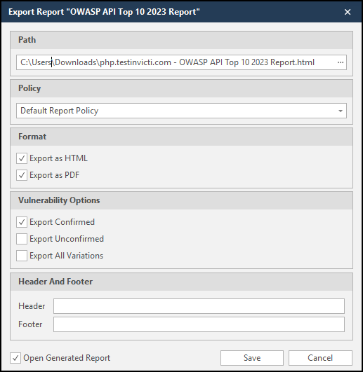 Export report dialog in Invicti Standard