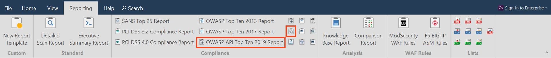 Reporting tab in Invicti Standard