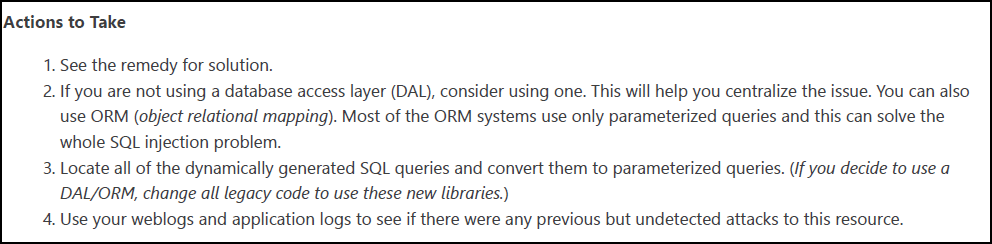 Actions to take section with immediate mitigation steps and remediation guidance