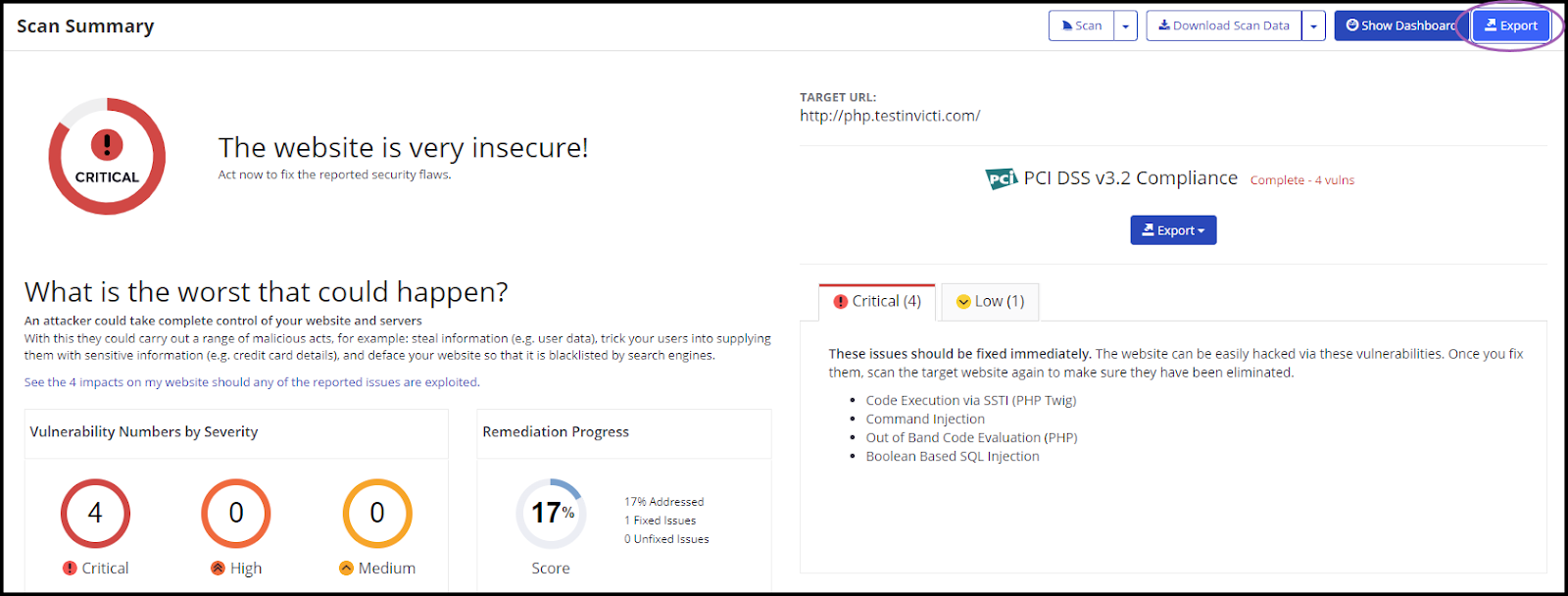 Export button location in the top right corner of the report interface