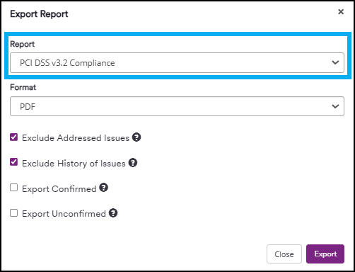 Export button location in the top right corner of the report interface