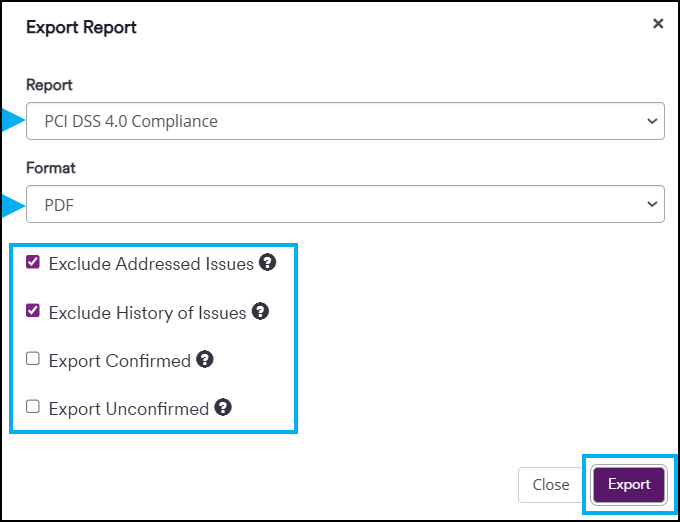 Final export step showing the Export button to generate the PCI DSS compliance report