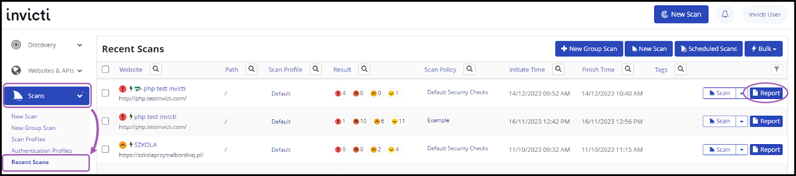 Recent Scans page showing Report button for accessing scan reports