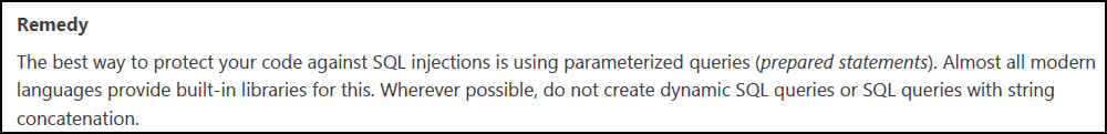 Remedy section providing detailed solutions to fix the identified vulnerability