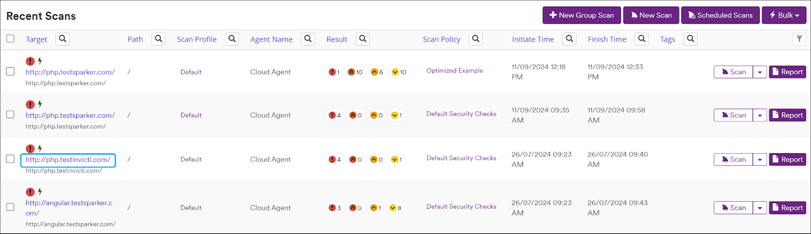 Target column in recent scans list.