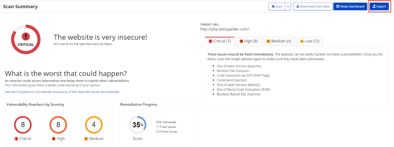 Export button on the Scan summary page in Invicti Enterprise.
