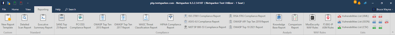 Invicti Standard reporting ribbon.