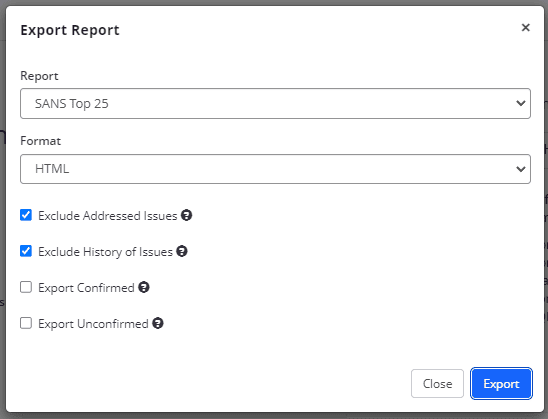 SANS Top 25 report dropdown