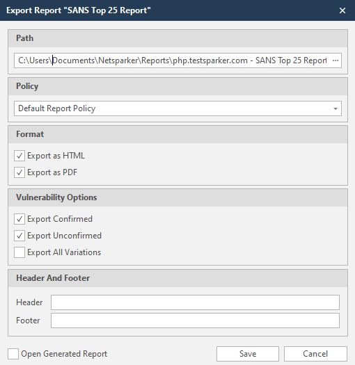 Export report dialog in Invicti Standard