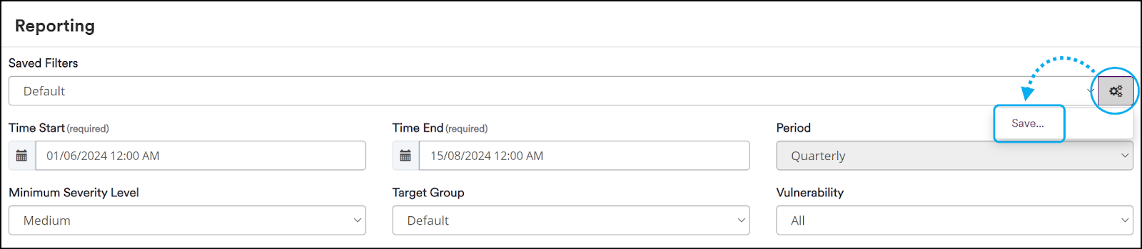 Saved Filters field with gears icon for accessing save filter options