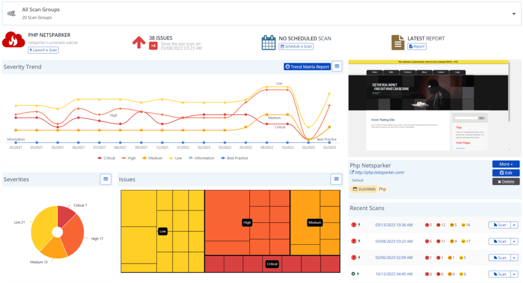 Scan summary dashboard in Invicti Enterprise with trend matrix report.