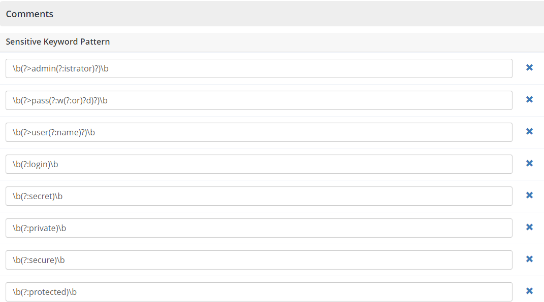 Sensitive Keyword Patterns configuration interface showing customizable keyword list for comment detection