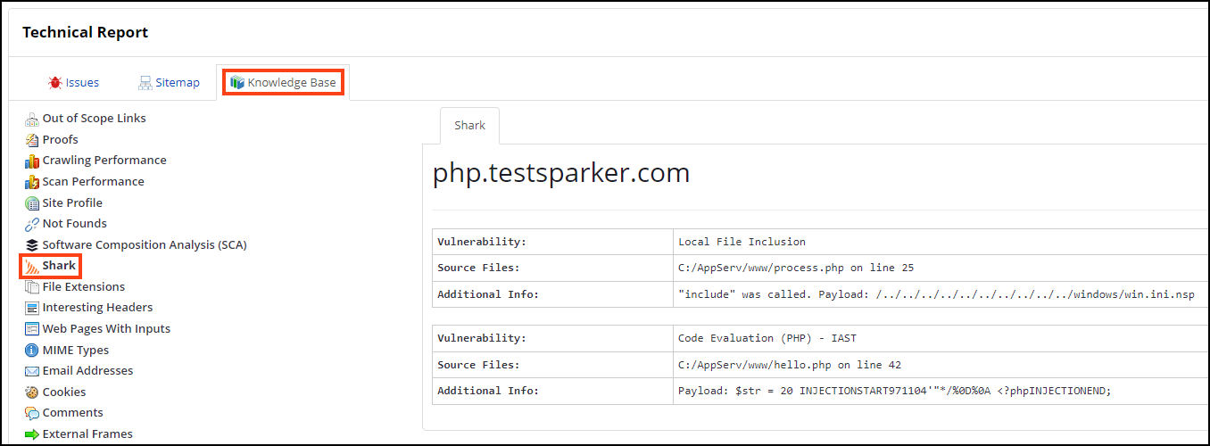 Shark node information in Invicti Enterprise