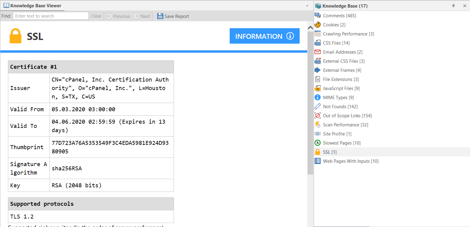 SSL information listed in Knowledge Base Viewer