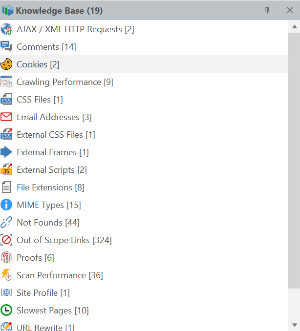 Invicti Standard Scan Summary Dashboard with Knowledge Base panel showing Cookies node