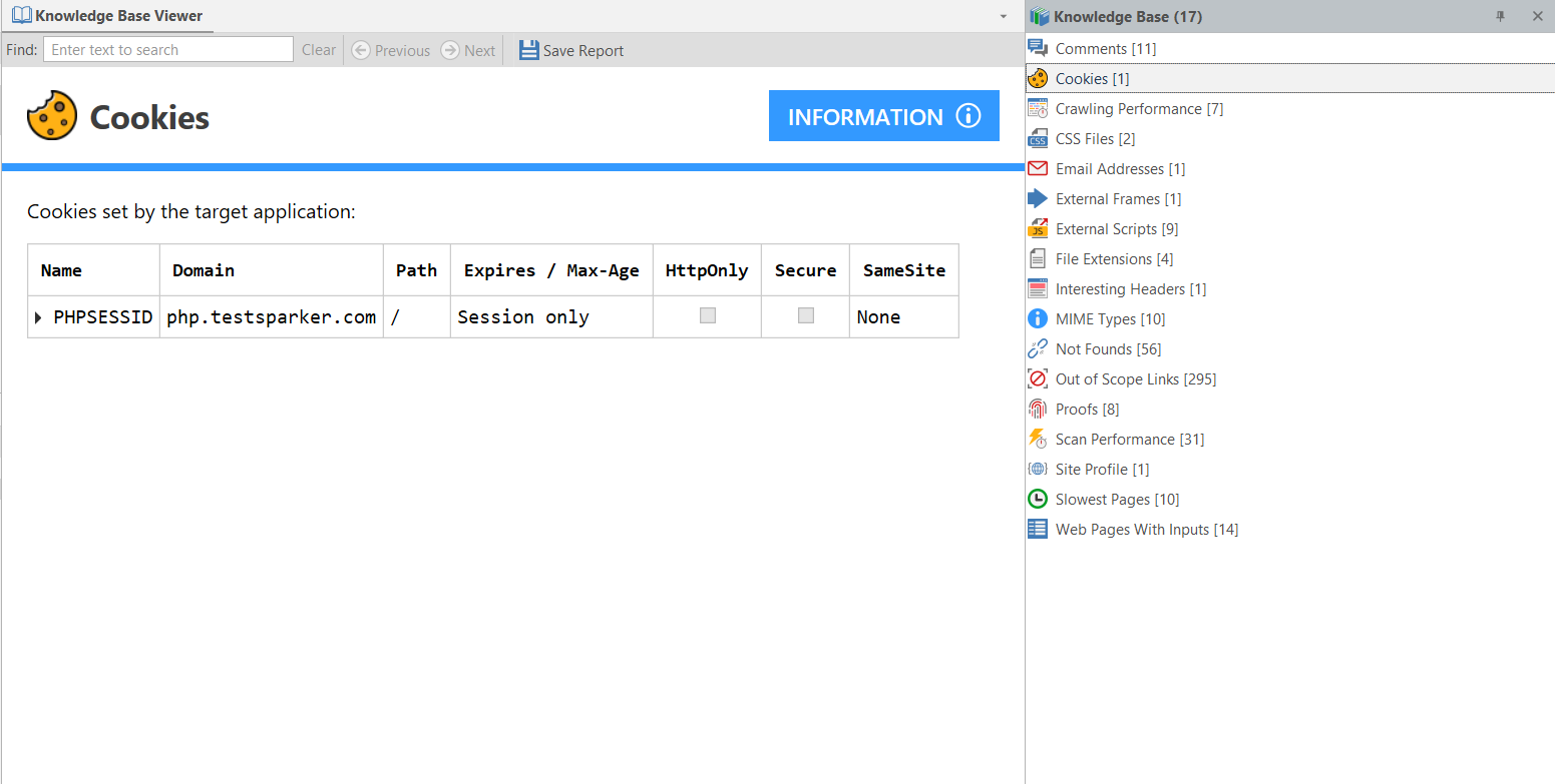 Cookies information displayed in Knowledge Base Viewer showing cookie details and security attributes