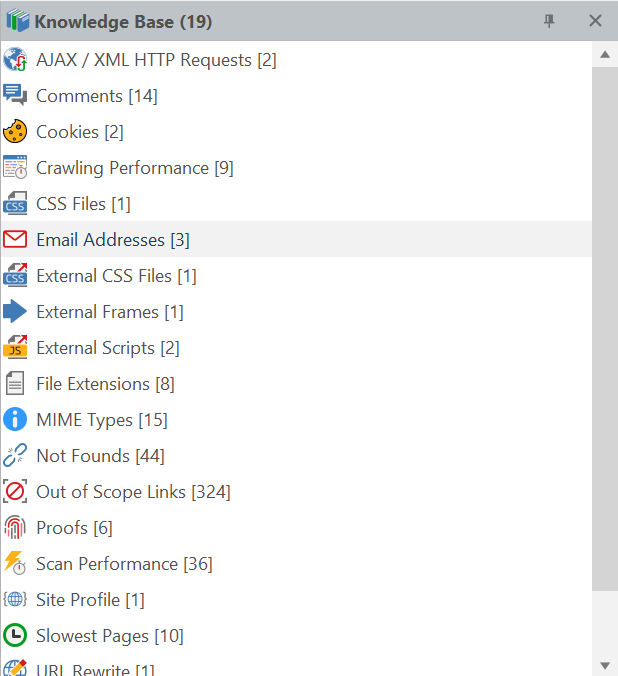 Invicti Standard Scan Summary Dashboard with Knowledge Base panel showing Email Addresses node