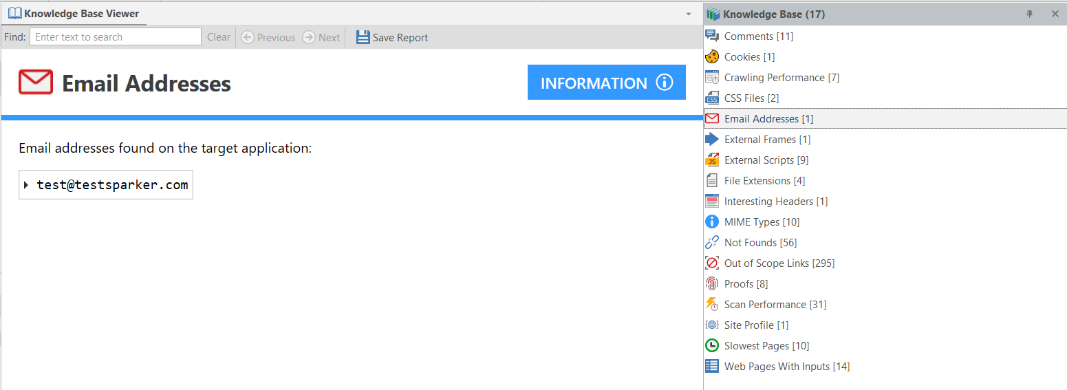 Email Addresses information displayed in Knowledge Base Viewer showing list of detected email addresses