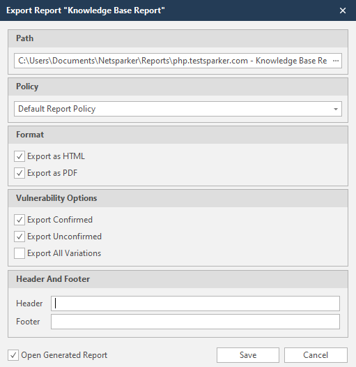 Export Report dialog showing policy, format, vulnerability options, and header/footer settings