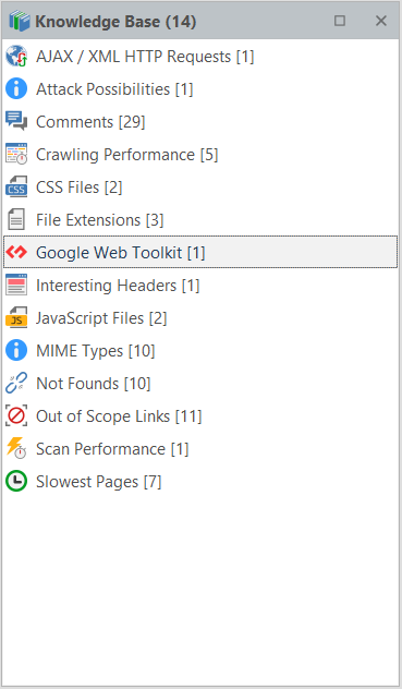 Invicti Standard Scan Summary Dashboard with Knowledge Base panel showing Google Web Toolkit node